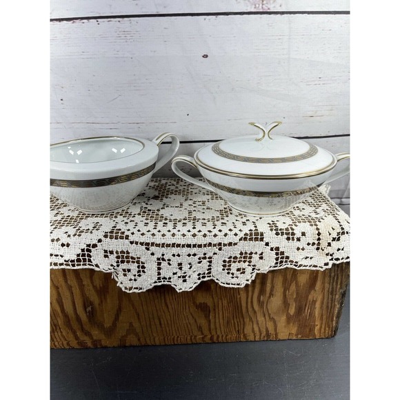Noritake China Japan Hartford Grey Gold Greek Key Lidded Sugar Bowl And Creamer - Picture 8 of 12